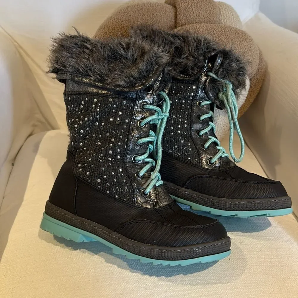 Justice Faux Fur Leather Rhinestone Lace Up Winter Boots